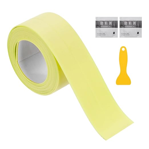uxcell Caulk Tape Waterproof, 0.83 Inch x 4.92 ft Self-Adhesive Sealant Sealing Strip Caulking Sealant Tape PVC with Tool for Kitchen Sink Toilet Bathroom Bathtub Floor, Beige