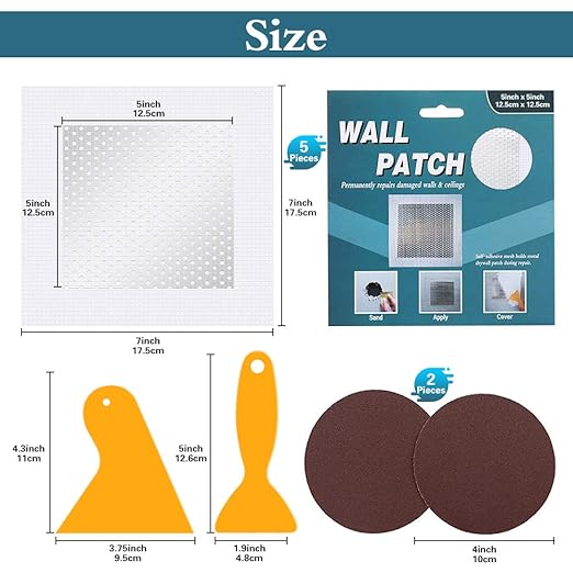 5'' by 5'' Drywall Repair Kit, 5 Pcs Self-Adhesive Wall Mesh, Large Hole Patch for Sheet Rock, Aluminum Metal Sheetrock Ceiling Dry Wall