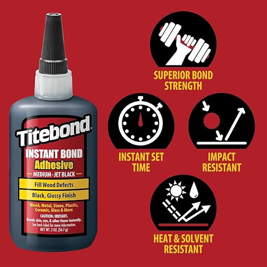 Titebond Instant Bond Medium CA Super Glue – Jet Black, Ethyl Cyanoacrylate Adhesive for Woodworking, Gap-Filling, 40-60 Second Set – 2 Oz. 8211