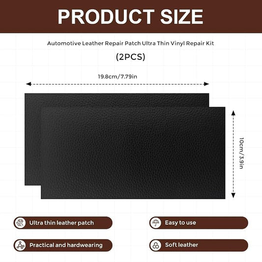 2PCS Leather Repair Patch Tape, Vinyl Patch, 4 x 8 Inches PU Vinyl Repair Patches for Car Upholstery Seat, Self Adhesive Leather Repair Patches for Furniture, Couch, Sofa, Car Seats (Black)