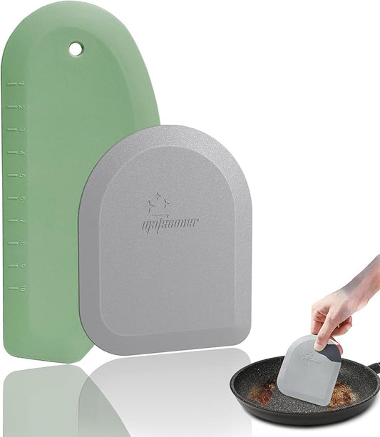 Bowl Scraper Dough Scraper Tool - Set of 2 Silicone Bench Scraper for Baking, Kitchen Pastry Scraper for Bread, Cake, Batter, cheese, Cream, Honey, Jam, Food Scraper with Curved Edge, Green & Grey