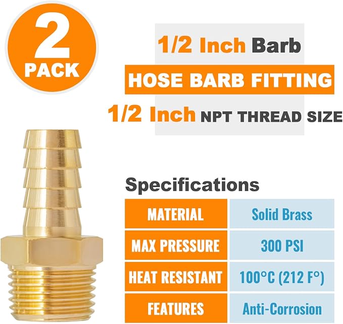 SUNGATOR 1/2'' NPT Brass Hose Barb Fittings, 1/2'' NPT Male Thread to 1/2 Inch Barbed Air Hose Fittings, 1/2 Inch Brass Air Line Repair Connectors for Compressor, Fuel, Oil (2-Pack)