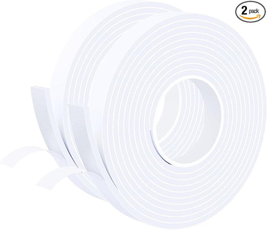 EVA Foam Weather Stripping Tape,1 Inch W x 1/4 Inch T Self-Adhesive Seal Tape for Doors & Windows-Draft Blocker,Soundproofing,Waterproof Insulation Foam,2 Rolls Total 33FT White