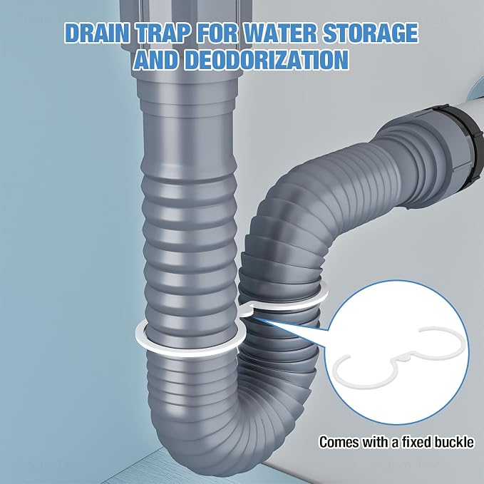 NiHome Flexible P-Trap Drain Kit for Single Kitchen Sink, Universal 1-1/2" or 1-1/4" Wastewater Drainage Tubing with Sealing Tape, Expandable Sink Waste Discharge Pipe Kit for Garbage Disposal (Grey)