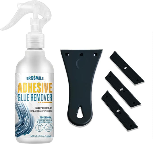 Adhesive Remover, Sticker & Glue Removal Spray Kit with Plastic Scraper, Quickly Removes Stickers, Labels, Glues, Grease for Window Wood and More - 3.3 fl oz
