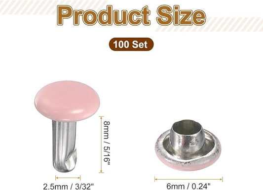 HARFINGTON 100 Sets Double Cap Leather Rivets, 6x8mm Round Cap Tubular Metal Studs Leather Crafting Rivets for Fabric Belt Pet Collar Boot Bag Repair and Decoration, Pink