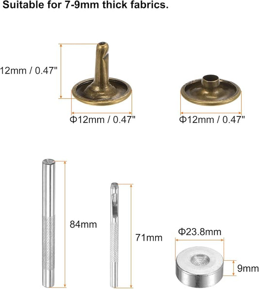 HARFINGTON 100 Sets Leather Rivets 12 x 12mm Metal Double Cap Rivet Snaps Studs Fasteners with 3pcs Setting Tools for Leather Craft DIY Repair Decoration, Bronze