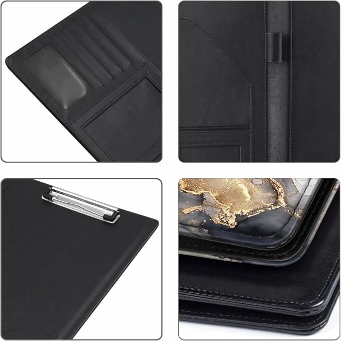 Padfolio Business/Resume Portfolio Folder, Marble Leather Interview Organizer with Legal Pad Folder Clipboard for Men/Women, Black+Gold