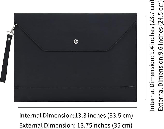 Wonderpool Envelope Case A4 PU Leather File Jacket Pocket Folder Document Case Bag with Removable Hand Strap and 4 Pocket for Documents Tablet Phone Stationery (Black)