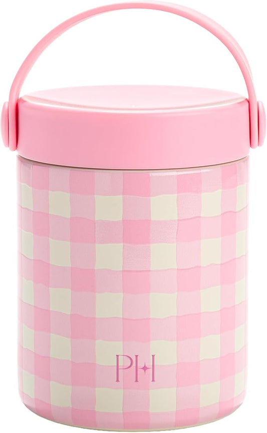 Paris Hilton Limited Edition Gingham Insulated Food Jar, Stainless Steel Vacuum Insulated Food Container with Folding Carry Handle, Leak-Proof Lid, 15-Ounce, Pink