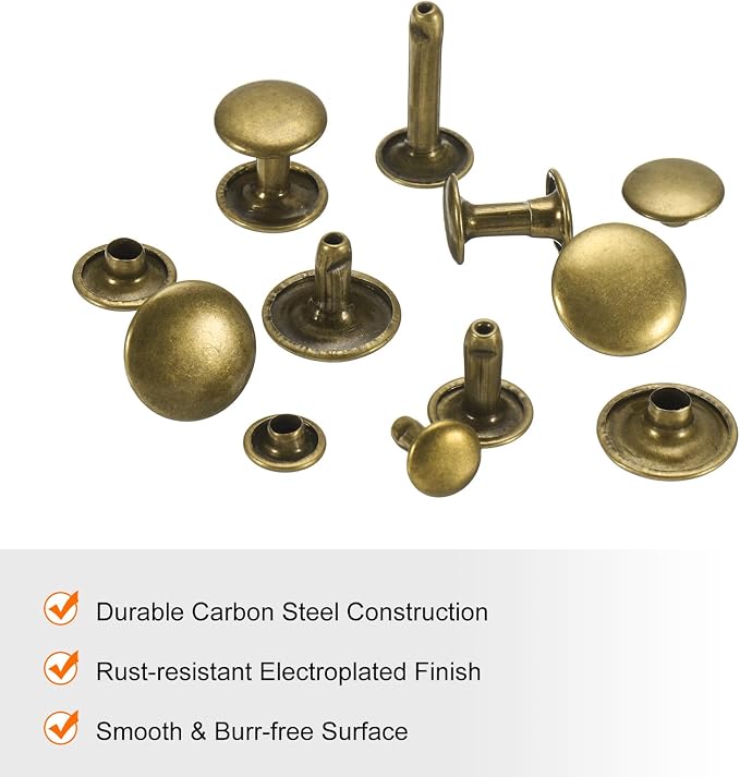 HARFINGTON 100 Sets Double Cap Leather Rivets, 9x10mm Round Cap Tubular Metal Studs Leather Crafting Rivets for Fabric Belt Pet Collar Boot Bag Repair and Decoration, Bronze