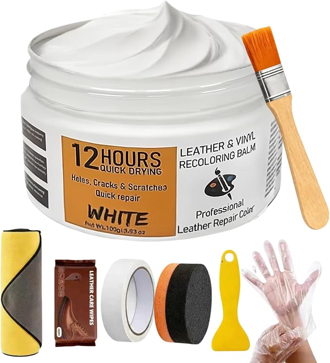 Leather Recoloring Balm 3.53Oz, 12H Quick-Dry Leather Vinyl Repair Cream Kit for Furniture, Couches & Car Seats- Restore Scratched, Faded, & Damaged Surfaces, Waterproof Restorer White