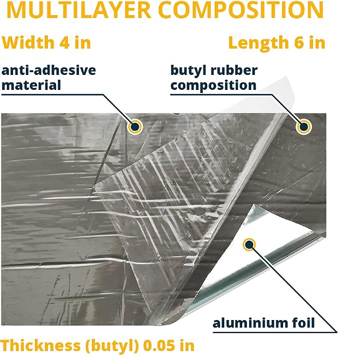 Alenor Aluminum Butyl All Weather Repair Patch 4"x6" (Pack of 3) Waterproof Sealing Patch Roof Leak Indoor Outdoor Pipe Vent Air Conditioner Window Seal Unit Rain Gutters Flashing Auto Boats