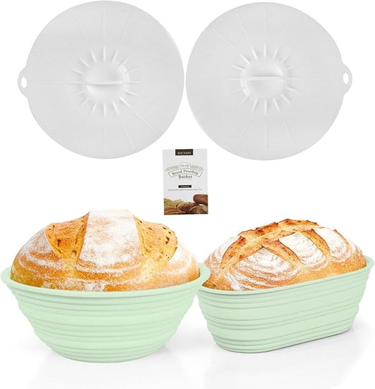 JOCXSPI Premium Foldable Silicone Sourdough Banneton Basket with 2 Lid, 9" Round & 10" Oval Sourdough Bread Proofing Basket, Non-Stick, Oven & Dishwasher Safe