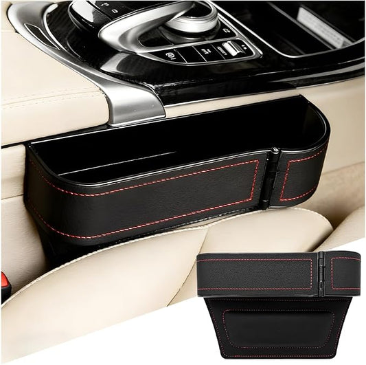 Car Seat Gap Filler Organizer with Cup Holder Expander, Leather Console Seam Filler Storage Box, Auto Front Seat Gap Organizer for Phones Keys Glasses, Universal Fit (Black/Red Passenger)