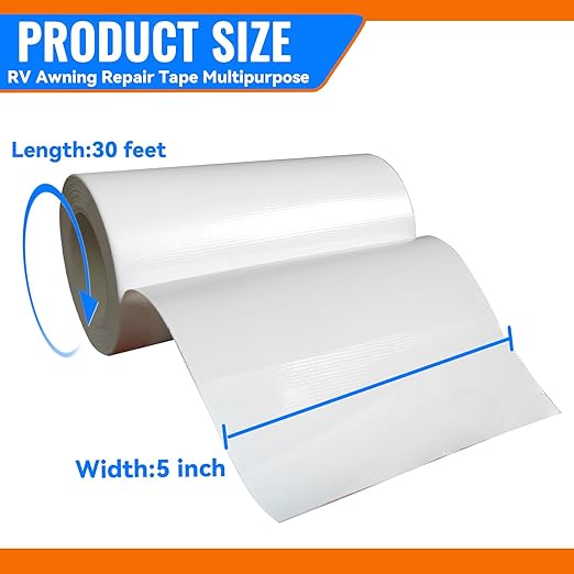 Tikfoam RV Awning Repair Tape for Tarp, Boat Covers,Tent, Sail Tape, Duct, Tear Repair Patch Kit, Waterproof, 5 Inch Wide 30FT Long, Reinforced White