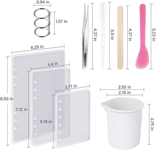 WILLBOND 26 Pcs Resin Notebook Mold Kits Cover Silicone Molds for A5 A6 A7 Silicone Resin Molds for Notebook Epoxy Resin DIY with Book Rings Spoon Tweezer Cup Dropper Wood Stick