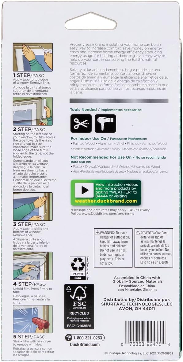 Duck Brand Window Insulation Kit - Winter Seal Kit Fits up to 10 Windows - Rolled Shrink Film Cuts to Size for Easy Indoor Installation - Tape Included - 62 in. by 420 in.- Clear