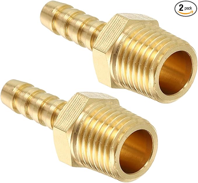 Pack of 2 Solid Brass Hose Barb Fittings 1/4" Hose Barb to 1/4" NPT Male Fittings for Home Machines, Massage Bathtubs, Air Compression and Irrigation Systems