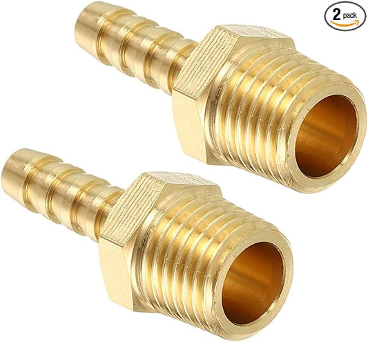 Pack of 2 Solid Brass Hose Barb Fittings 1/4" Hose Barb to 1/4" NPT Male Fittings for Home Machines, Massage Bathtubs, Air Compression and Irrigation Systems