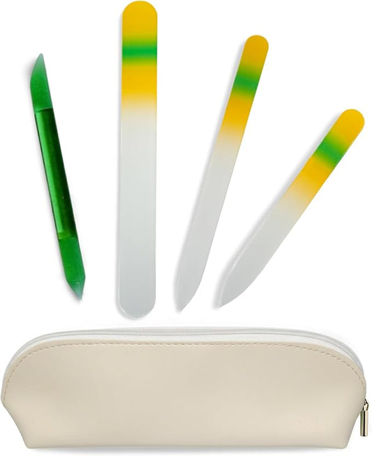 Alban Czech Glass Nail File Set with Manicure Stick & Vegan Leather Cosmetic Case (Yellow-Green Nail Files, Green Manicure Stick & Cream Cosmetic Case)
