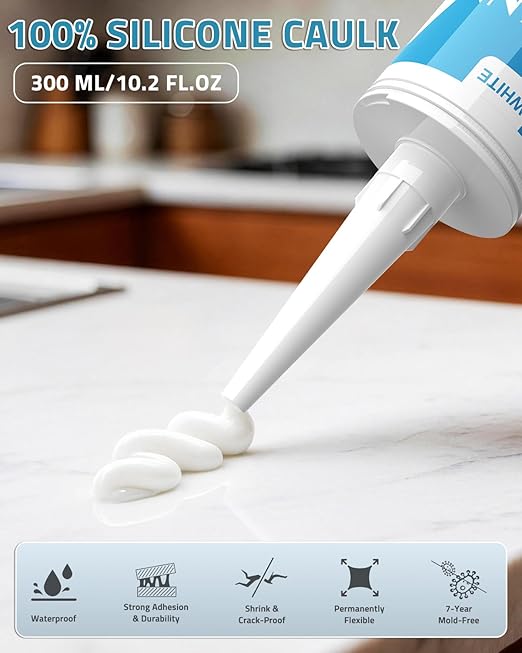 PAULINN Silicone Caulk White, 100% Silicone Sealant Waterproof for RV, Kitchen, Bath, General Use, Window, Door, Glass, Marine, 10.2 Oz, 4 Packs