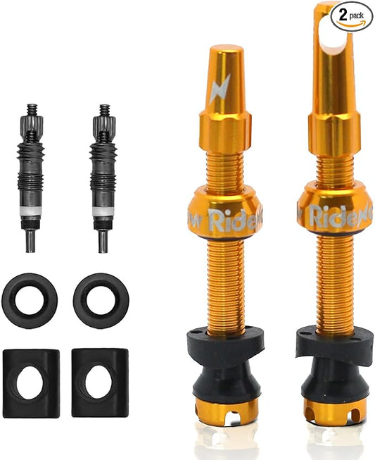 RideNow Tubeless Presta Valve Stems, 45mm Super Light 7075 Aluminum Alloy Presta Tubeless Valve Stem Kit with Valve Core Remover Tool and Valve Stem Caps, Multiple Color and Size Options(Pair), Gold
