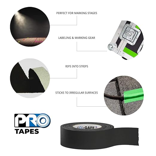 2" Pro Gaff Gaffers Tape 55 yards length black matte. Premium Heavy-Duty Gaffers Tape trusted by professional Gaffers. Made in the USA. Holds Tight, Easy to remove. (Pack of 24)