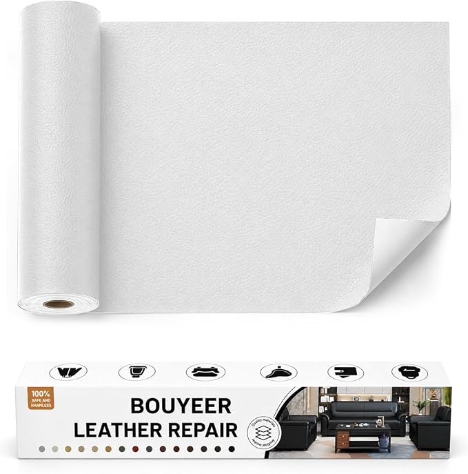 BOUYEER Leather Repair Patch Tape Kit,Self Adhesive Leather Repair for Sofa，Car Seat,Office Chair,Furniture,Jacket,Waterproof Strong Adhesive Vinyl Repair Kit. 16 in x 31 in,White