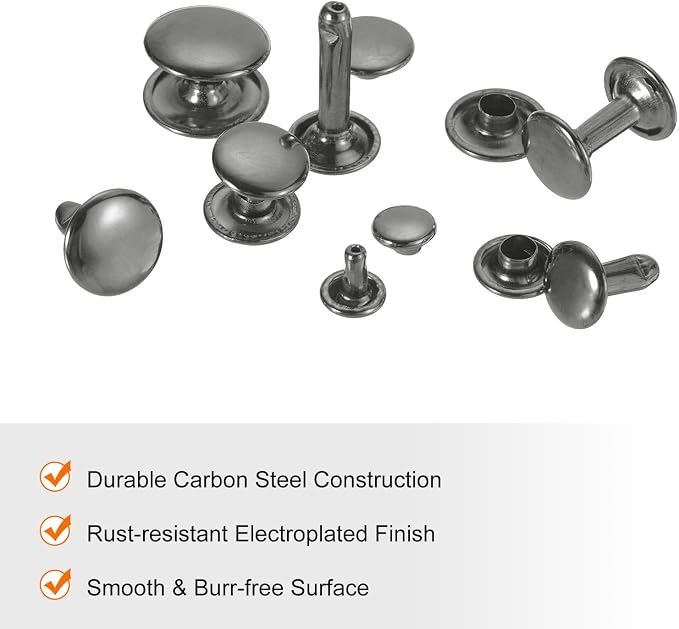 HARFINGTON 100 Sets Double Cap Leather Rivets, 9x8mm Round Cap Tubular Metal Studs Leather Crafting Rivets for Fabric Belt Pet Collar Boot Bag Repair and Decoration, Gunmetal