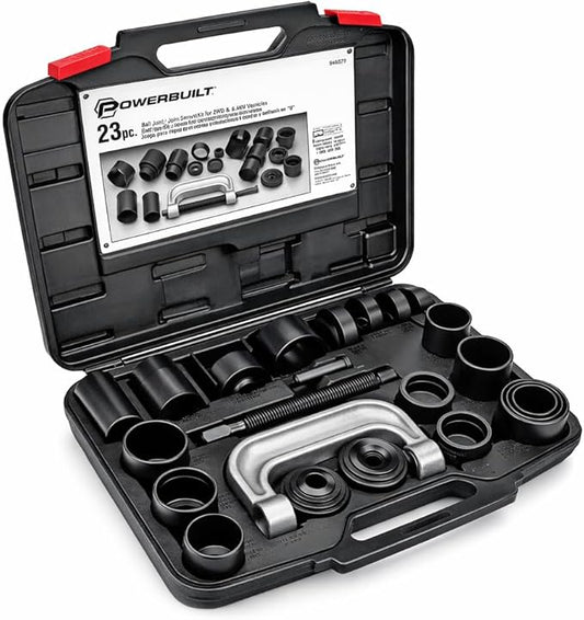 Powerbuilt Ball and U Joint Service Set, 23 Piece Tool Kit, Remove and Install Ball Joints, Receiving Tube, Adapters, Sockets - 648617