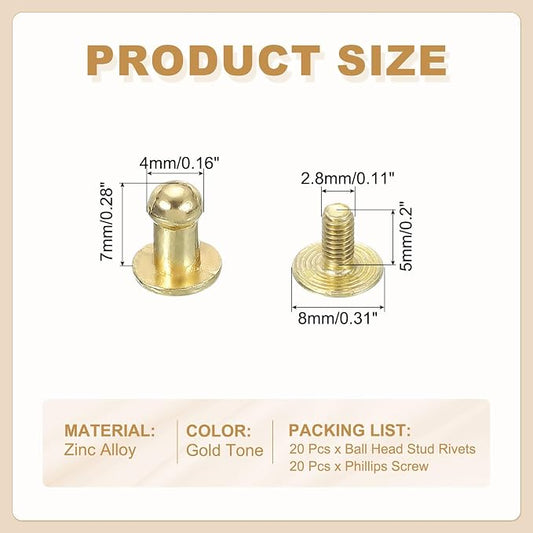 PATIKIL 4 mm Leather Rivets, 20 Sets Ball Head Stud Screw Back Round Head Button Chicago Screw Nipple Stud Rivet for Leather DIY Craft Handbag Belt Repairs, Gold Tone