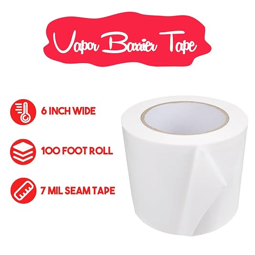 Vapor Barrier Tape, 7 Mil Polyethylene Tape Sealing Moisture Barrier Seam, Seal Tape for Crawl Space, Underlayment, Marine Use, White Insulation Tape, Waterproof, 6 Inch, 100 Foot Roll