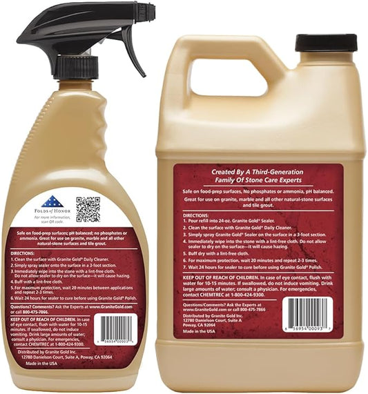 Granite Gold Granite Sealer Combo Pack, Water-Based Sealer Spray and Refill for Granite, Marble, Travertine, Natural Stone Countertops, 24 oz + 64 oz