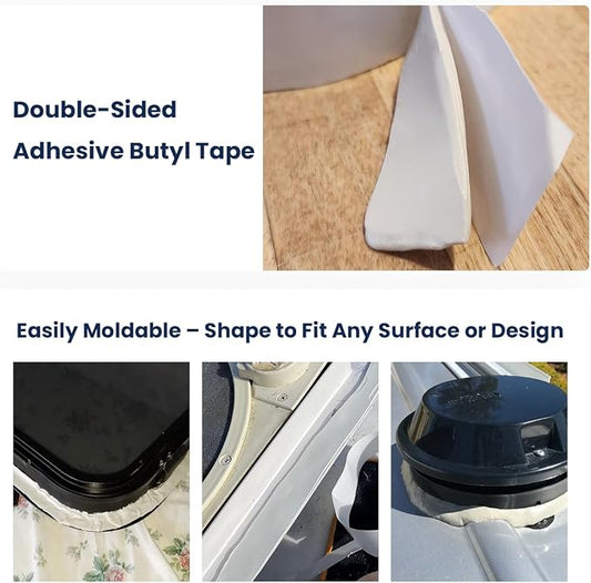Safoner White Double Sided Butyl Seal Tape– 1/2" Widthx 30' Lengthx 1/8" Thickness– Leak-Proof and Waterproof Sealant for RV Roof Repair, Windows, Vents, and Pipes