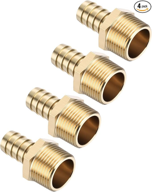 Pack of 4 Brass Hose Barb Fittings Adapter Connector 5/8" Hose Barb to 3/4" NPT Male Fittings for Home Machines, Massage Bathtubs, and Irrigation Systems