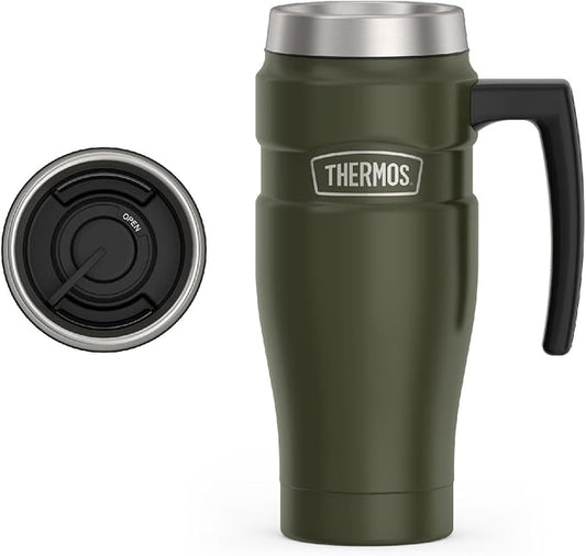 THERMOS Stainless King Vacuum-Insulated Travel Mug with Handle - 16oz, Army Green - Thermos Tumbler for Hot & Cold Drinks - Leak-Proof & Sweat-Proof Stainless Steel Coffee Mug with Lid for Commuting