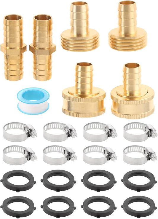 4 Sets 1/2 Inch Solid Brass Garden Hose Connector Repair Kit,Water Hose Mender Female Male Hose Coupling with Stainless Steel Clamp, Tape and Rubber Gasket
