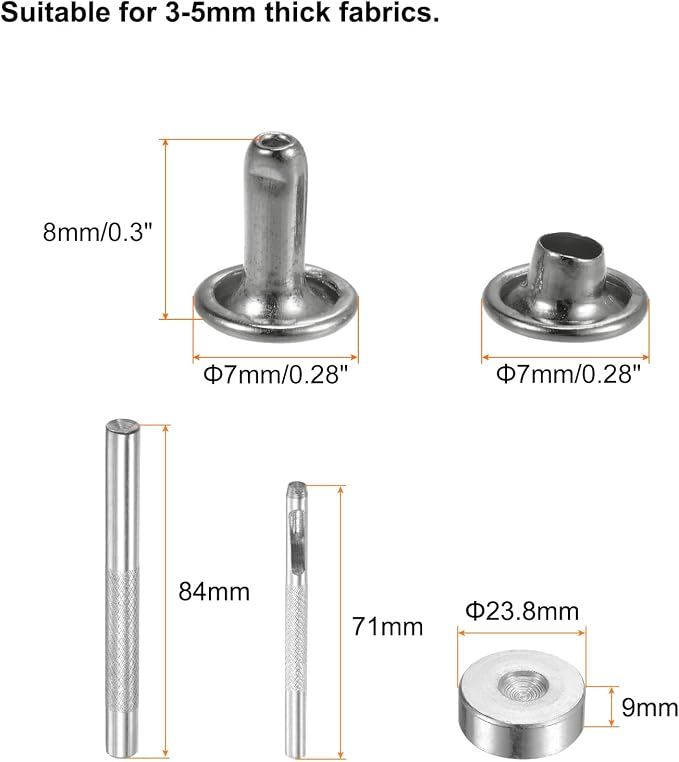 HARFINGTON 100 Sets Leather Rivets 8 x 7mm Metal Double Cap Rivet Snaps Studs Fasteners with 3pcs Setting Tools Rivets for Leather Craft DIY Repair Decoration, Gunmetal