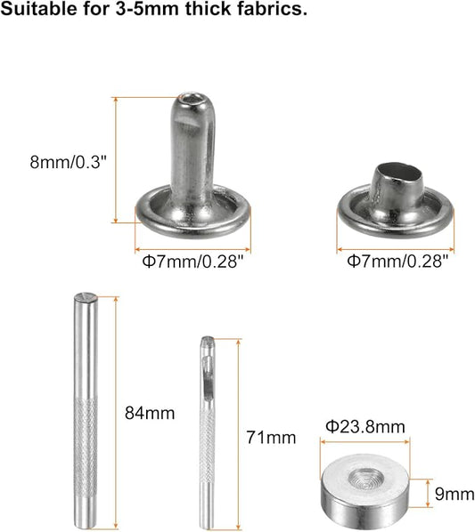 HARFINGTON 100 Sets Leather Rivets 8 x 7mm Metal Double Cap Rivet Snaps Studs Fasteners with 3pcs Setting Tools Rivets for Leather Craft DIY Repair Decoration, Gunmetal
