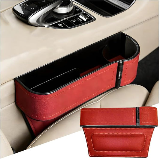 Car Seat Gap Filler Organizer with Cup Holder Expander, Leather Console Seam Filler Storage Box, Auto Front Seat Gap Organizer for Phones Keys Glasses, Universal Fit (Wine Red Passenger)