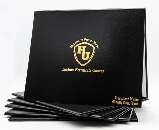 Black Faux Leather Document Cover 8.5x11 Letter Size | Tent-Style, Non-Padded with Metallic Foil Custom Printing | Professional Presentation for Awards, Diplomas and Certificates