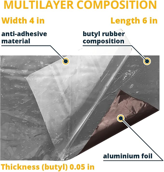 ALENOR Dark Chocolate Butyl All Weather Repair Patch 4"x6"(Pack of 5) Waterproof Sealing Patch Roof Leak Indoor or Outdoor Pipe Repair Vent Air Conditioner Window Seal Rain Gutters Flashing Auto Boats