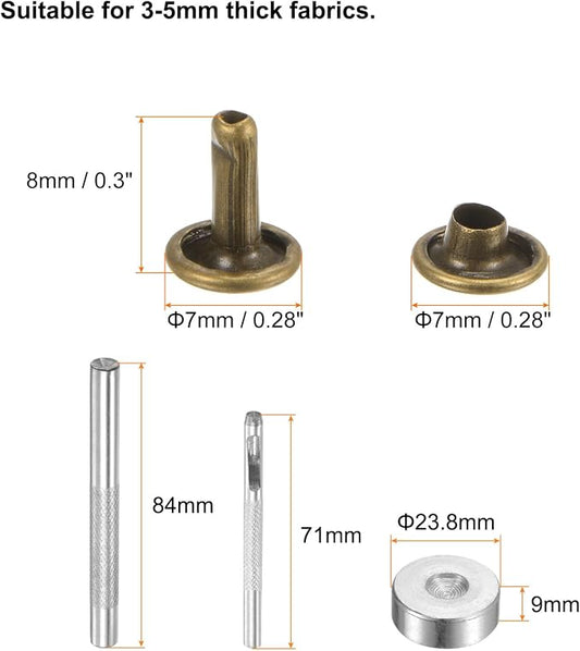 HARFINGTON 100 Sets Leather Rivets 8 x 7mm Metal Double Cap Rivet Snaps Studs Fasteners with 3pcs Setting Tools Rivets for Leather Craft DIY Repair Decoration, Bronze