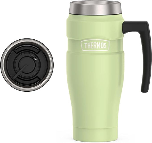 THERMOS Stainless King Vacuum-Insulated Travel Mug with Handle - 16oz, Matte Green Tumbler for Hot & Cold Drinks - Leak & Sweat-Proof Stainless Steel Coffee Mug with Lid for Commuting