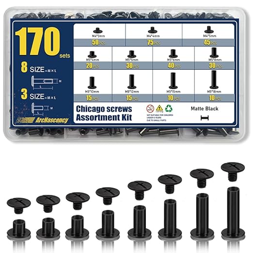 170 Sets Matte Black Chicago Screws for Leather Rivets Kit, 8 Sizes M5x4-18mm Rivets for Leather for Belts, Bookbinding,Deep Black Chicago Screw Assortment