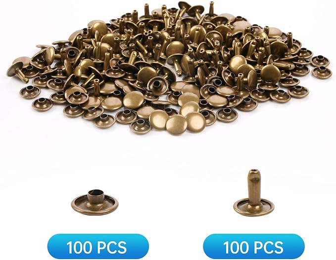 100 Sets Leather Rivets 10x10mm Double Cap Rivets Snaps Metal Studs Fasteners with 3pcs Setting Tools for Leather Craft DIY Repair Decoration, Bronze