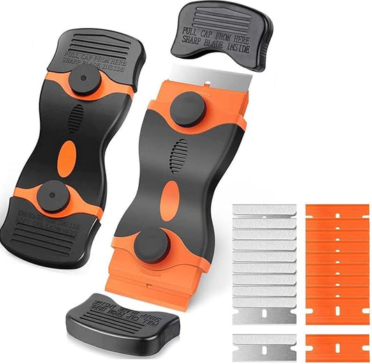 2 Pack Razor Blade Scraper Tool With Extra 10pcs Plastic Blades And 10pcs Metal Blades, 2-in-1 Scraper Tool Cleaning Razor Scraper For Decals, Stickers, Labels, Caulk, Adhesive, Paint, Cooktop