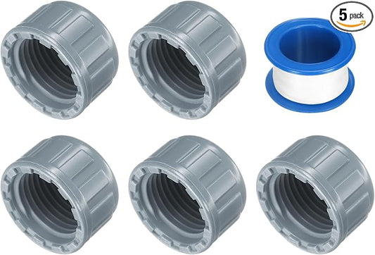 uxcell 5Pcs 1/2 Inch PT Female Thread PVC Pipe Fitting Cap, Cleanout Water Drain End Caps, Pipe Plug Socket Fittings with Tape for Water Heater Supply Lines, Plumbing, Gray