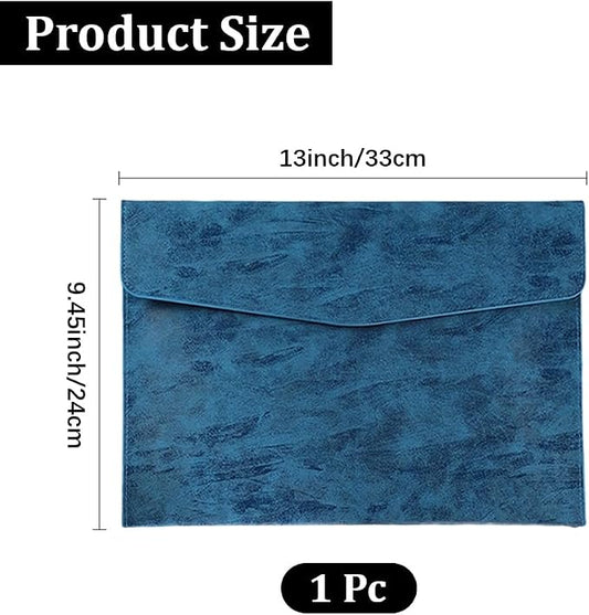 A4 PU Leather Portfolio Filing Envelope Oragnizer Thin Waterproof File Holder Document Folder with Snap Closure Pocket Letter Receipt Storage Case for Contract Stationery Tablet(Blue)